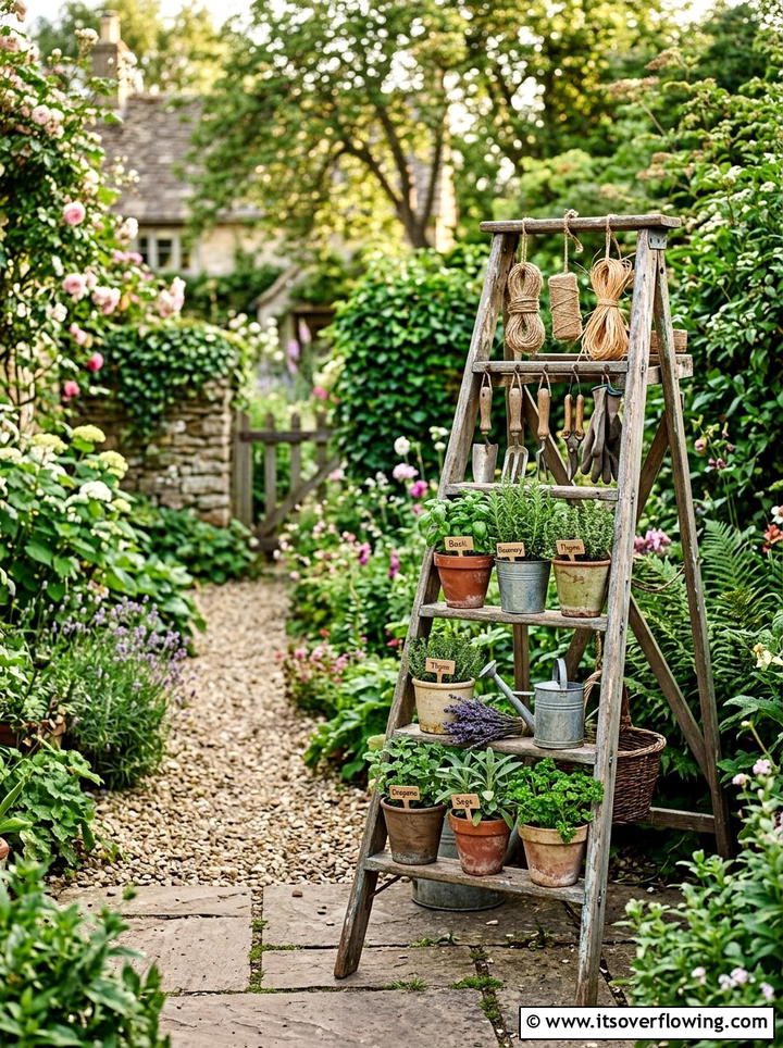 Old ladder tool station - 25 upcycled garden ideas with tool storage