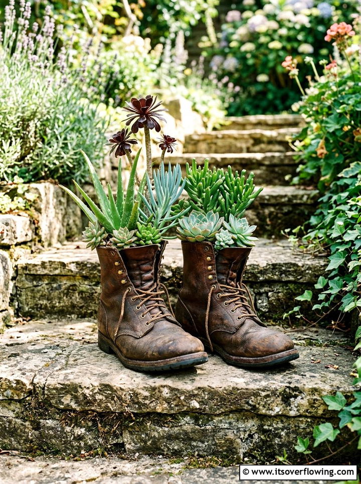 Old leather boots planter - 25 reusing old things ideas for succulent garden