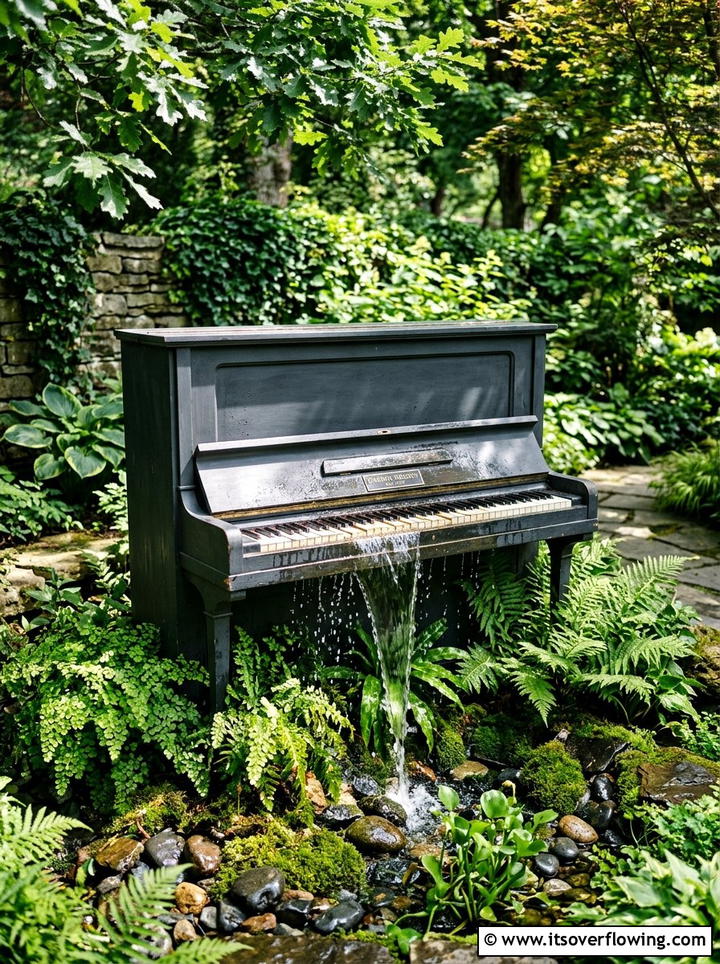 Old piano waterfall - 25 reusing old things ideas for modern garden look