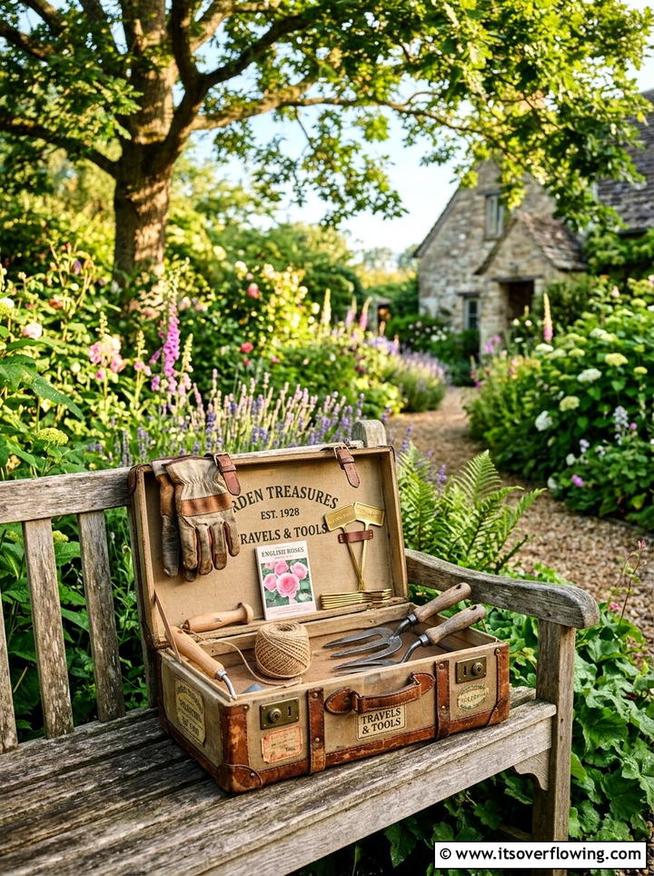 Old suitcase garden storage - 25 upcycled garden ideas with tool storage