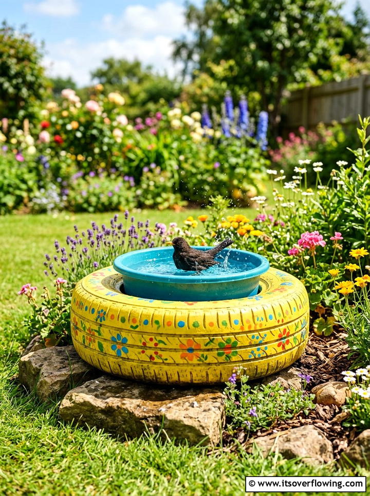 Old tire bird bath - 25 reusing old things ideas for bird baths