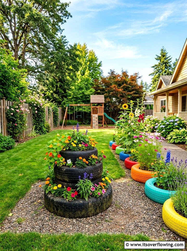 Old tire garden planter - 25 cheap garden ideas with repurposed containers
