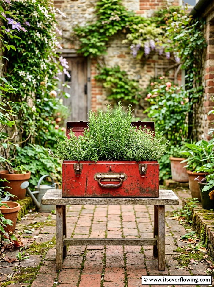 Old tool box planter - 25 upcycled garden ideas for narrow spaces