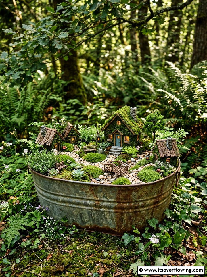 Old wash tub fairy garden - 25 upcycled garden ideas with old tubs