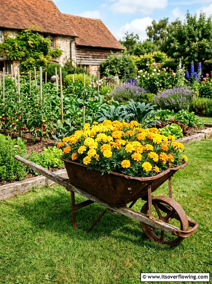 Old wheelbarrow flower planter - 25 reusing old things ideas for garden decor