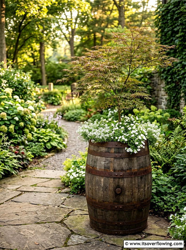 Old whiskey barrel planter - 25 garden decor ideas with antique finds