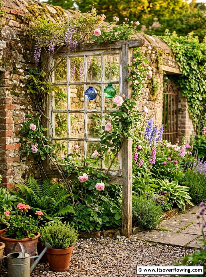 Old window frame trellis - 25 upcycled garden ideas with watering stations