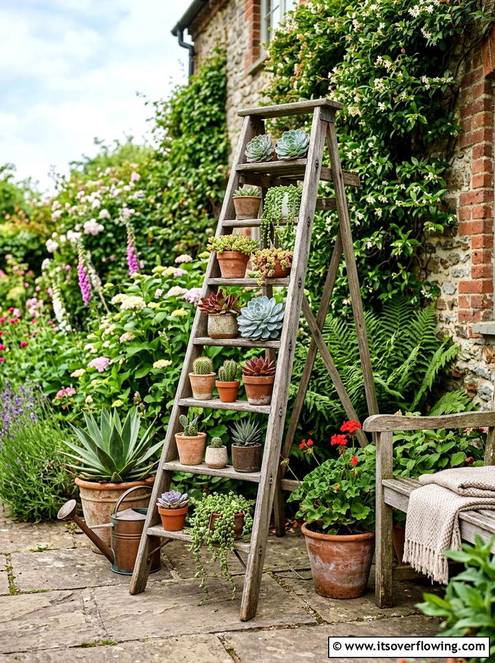 Old wood ladder plant display - 25 recycled garden ideas with recycled wood art