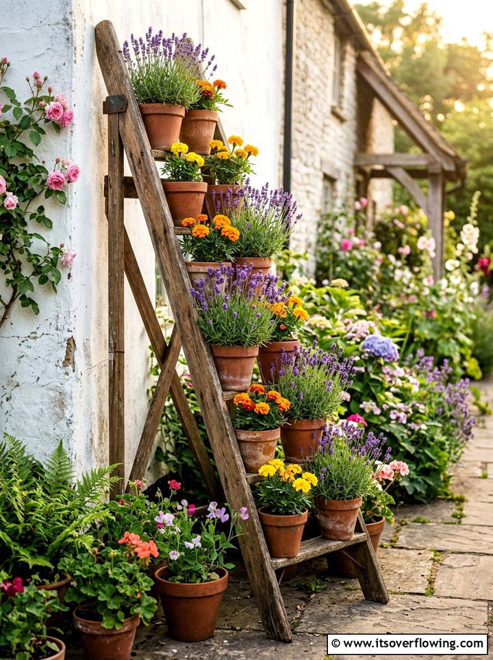Old wooden ladder flower display - 25 upcycled garden ideas for narrow spaces