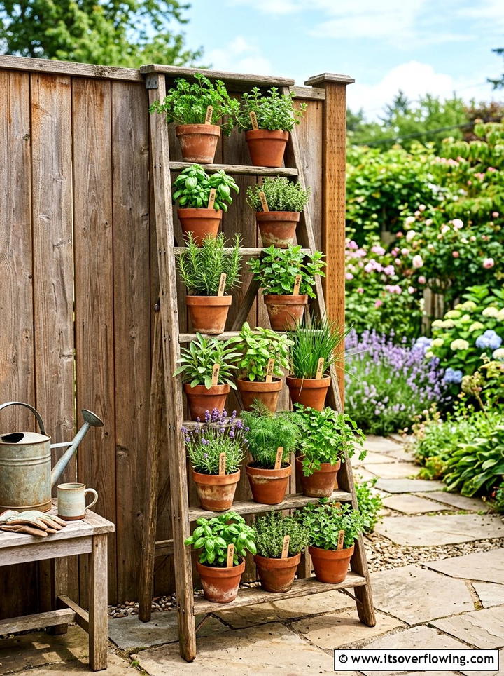 Old wooden ladder plant stand - 25 garden decor ideas with antique finds