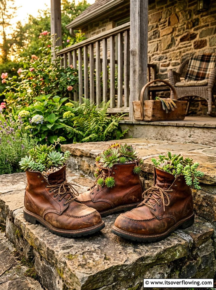 Old work boot garden pots - 25 creative garden ideas with unusual planters