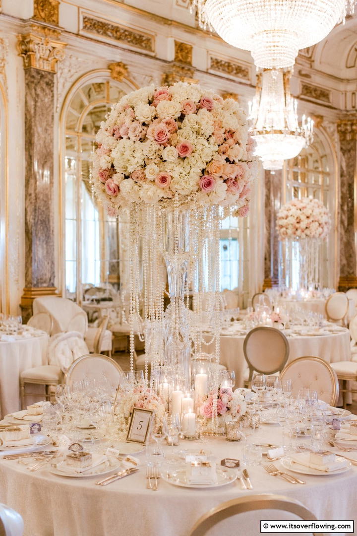 Opulent Pearls and Roses Centerpiece - 30 Tall Wedding Centerpiece Ideas for Elegant Table Displays