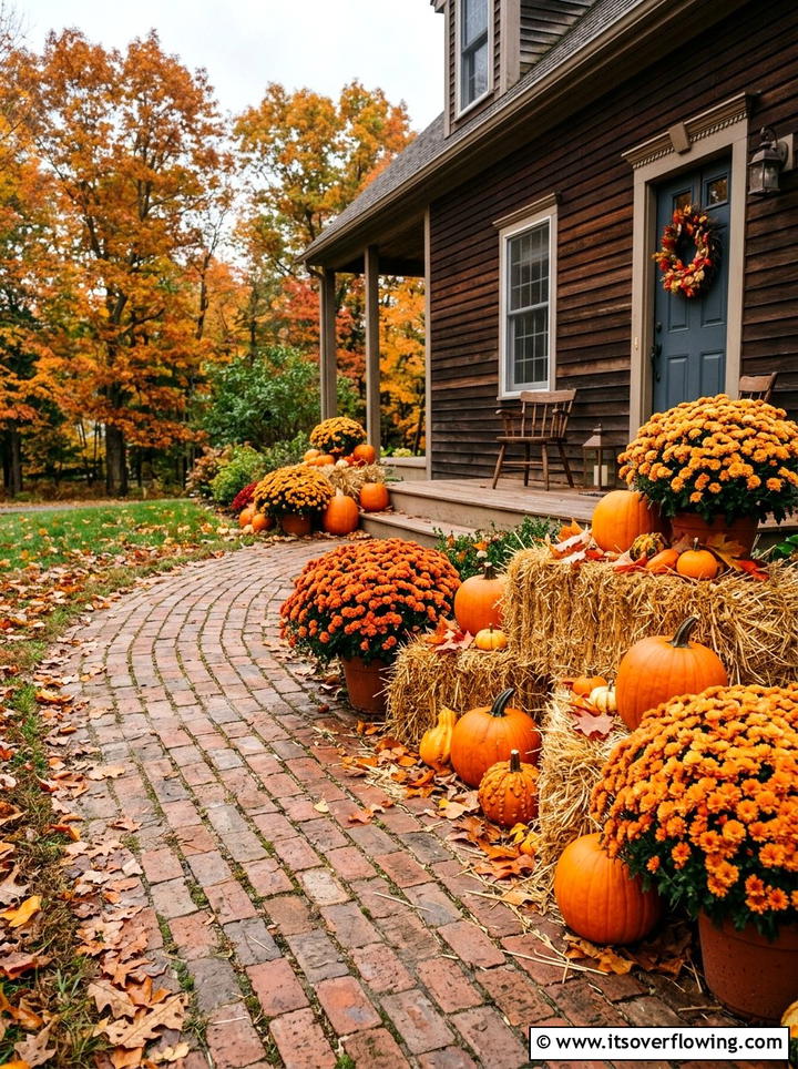 Orange Mums And Straw Bales - 25 front porch decor ideas with mums and hay bales