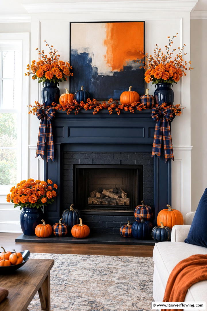 Orange and Navy Blue Mantel - 50 Fall Mantel Decor Ideas for Cozy Spaces This Season