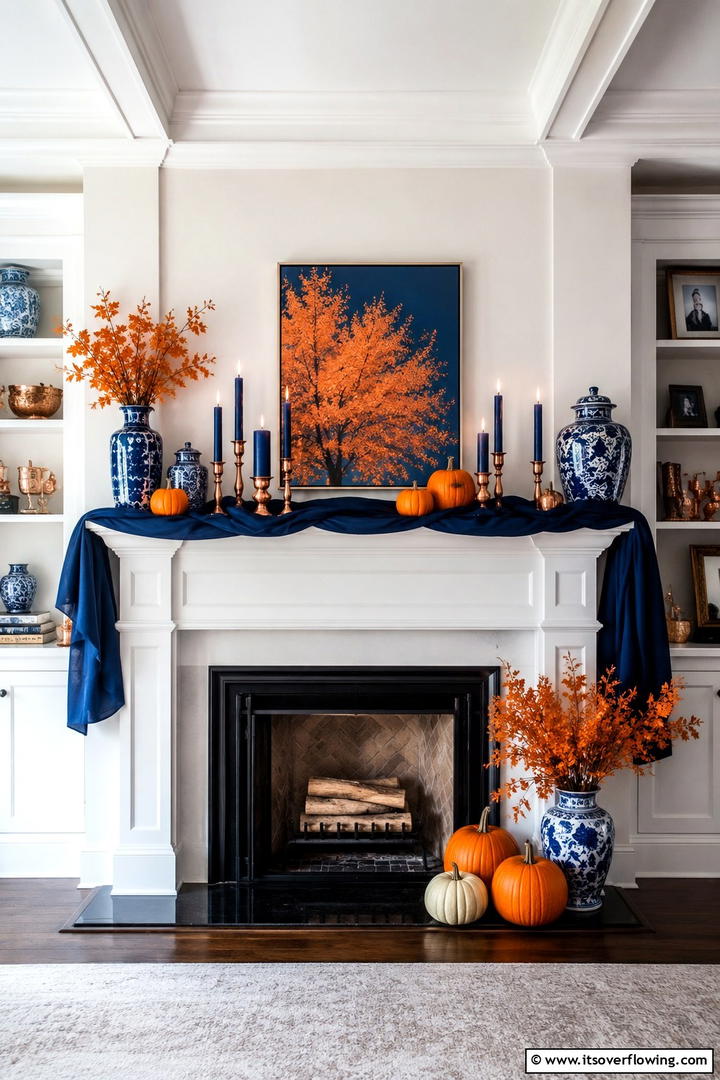 Orange and Navy Contrast - 50 Fall Fireplace Decor Ideas to Warm Autumn Gatherings