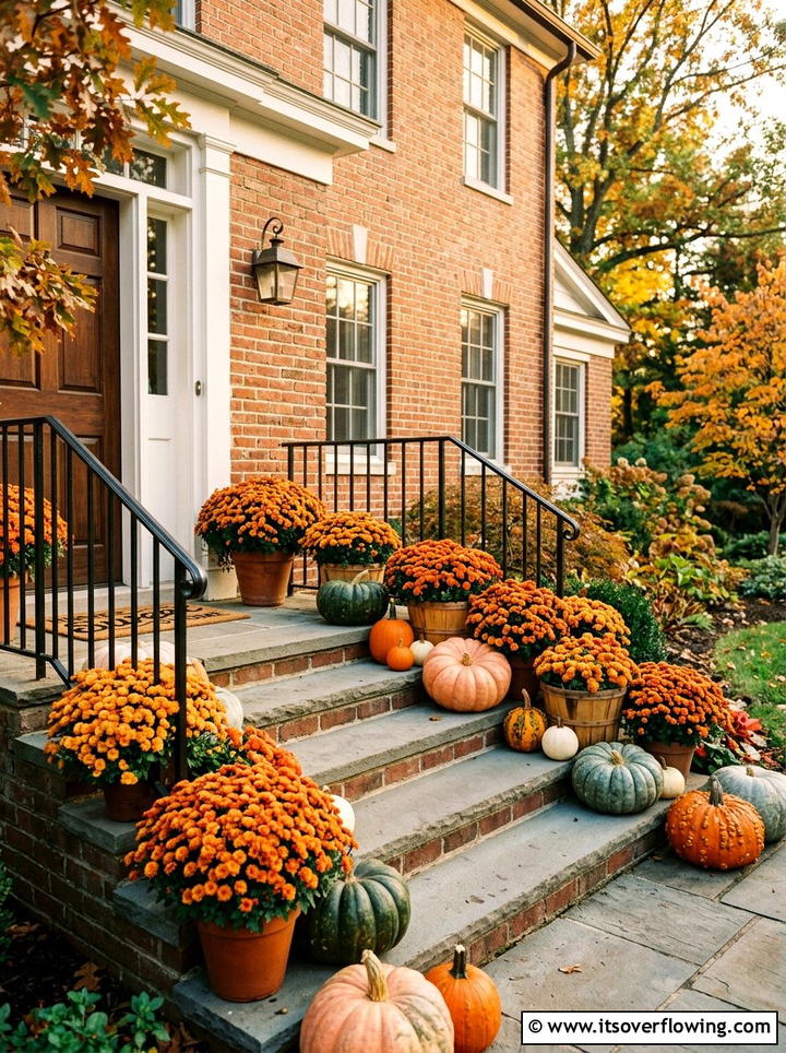 Orange chrysanthemums with pumpkins - 25 front porch ideas with mums