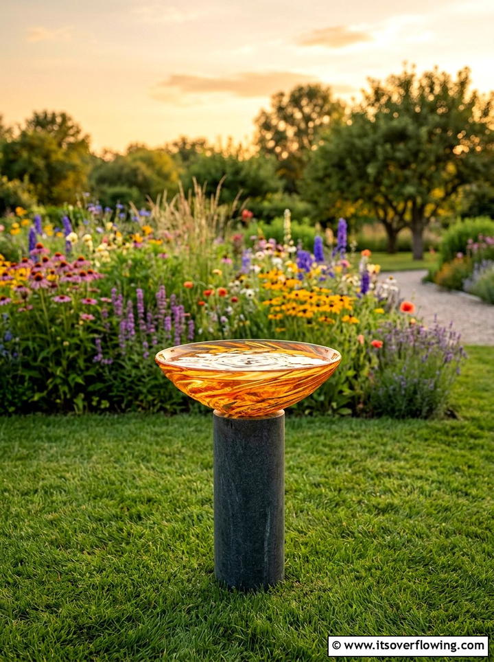 Orange glass bird bath - 25 garden decor ideas with colorful accents