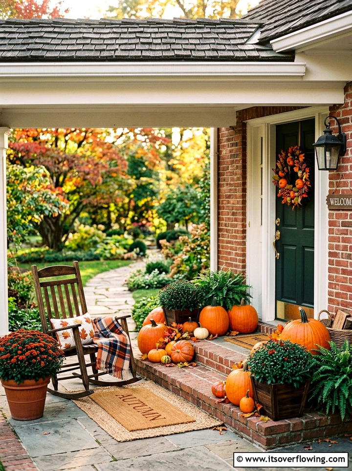 Orange pumpkin porch decor - 25 front porch ideas with pumpkins