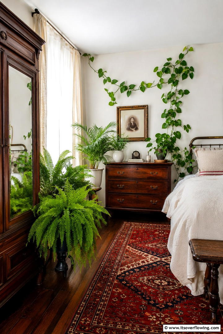 Organic Indoor Plant Arrangement - 30 Shabby Chic Bedroom Ideas for Vintage-Inspired Spaces