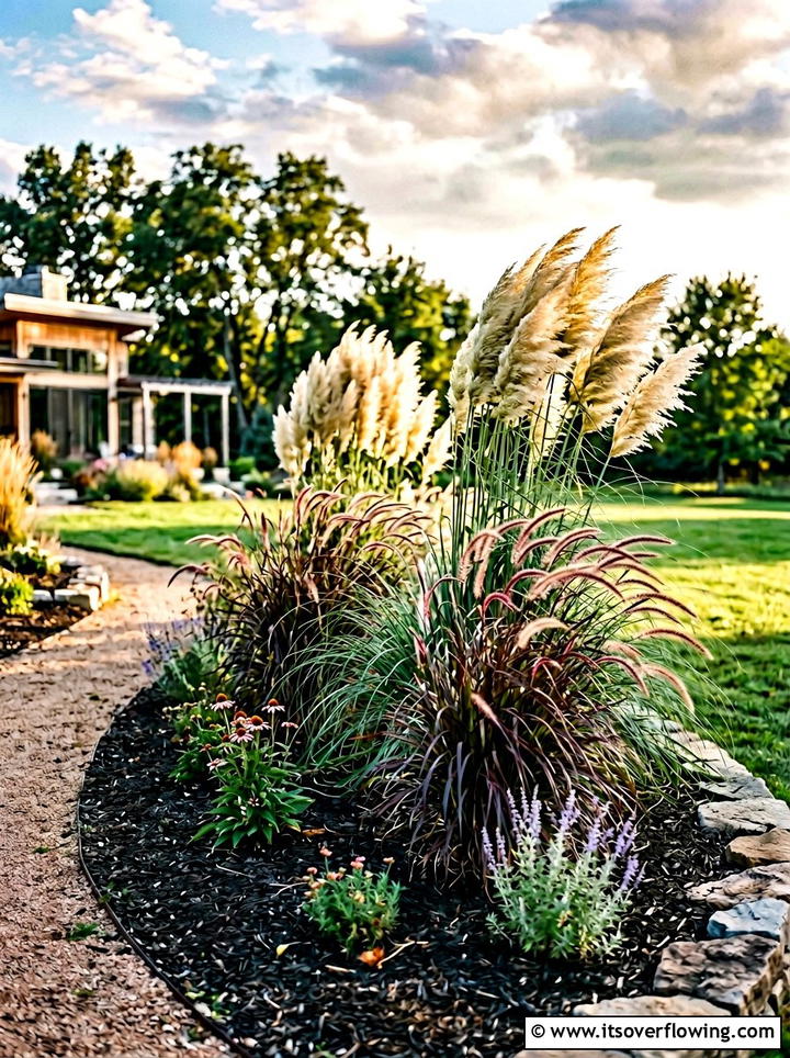 Ornamental Grass Bed - 25 cheap garden ideas with no grass landscaping