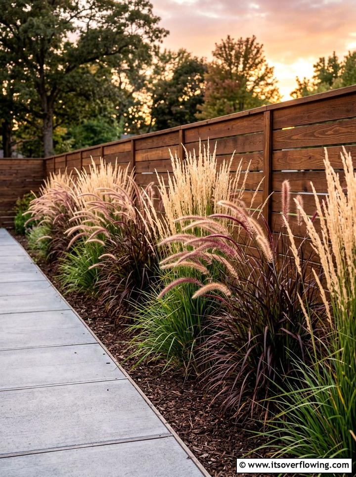 Ornamental grass border - 25 small garden ideas with low maintenance plants