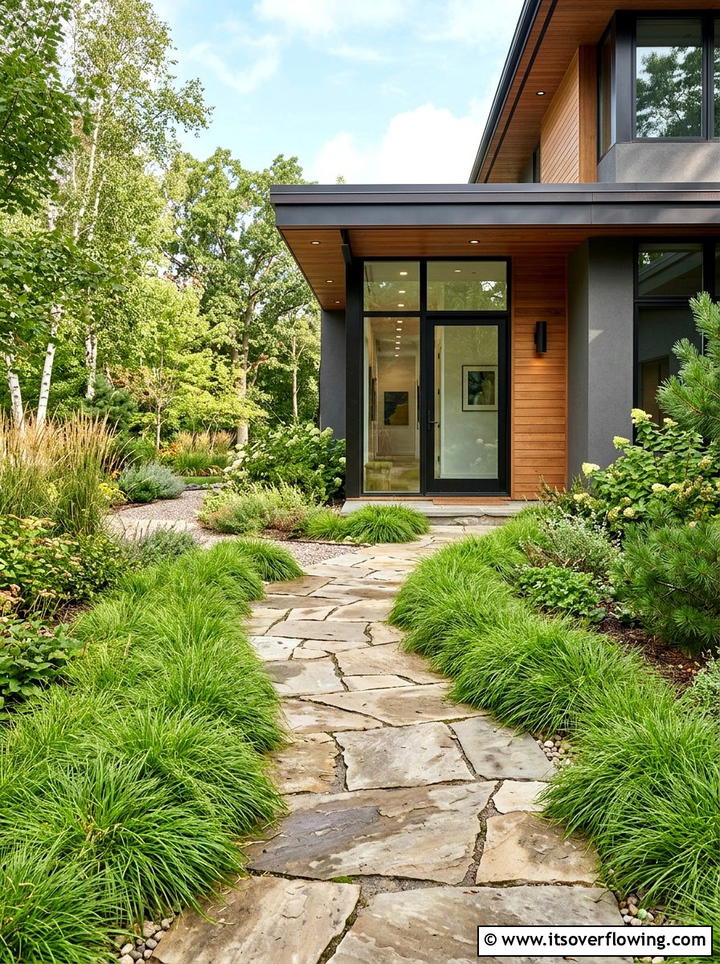 Ornamental grass border along walkway - 25 garden ideas with ornamental grasses