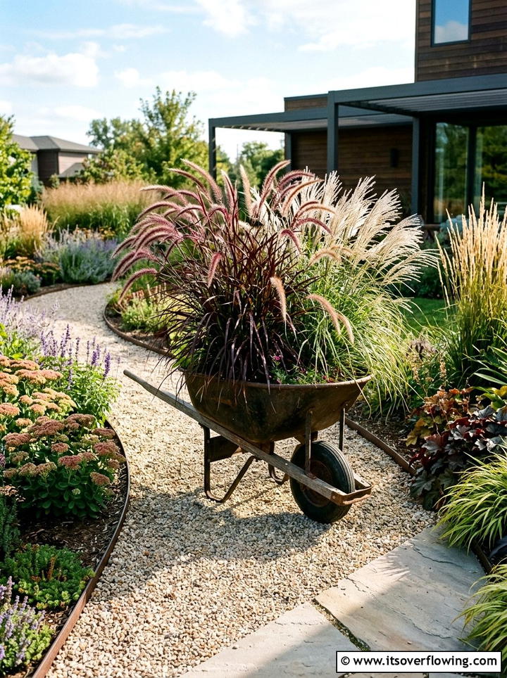 Ornamental grass wheelbarrow - 25 upcycled garden ideas with old wheelbarrows