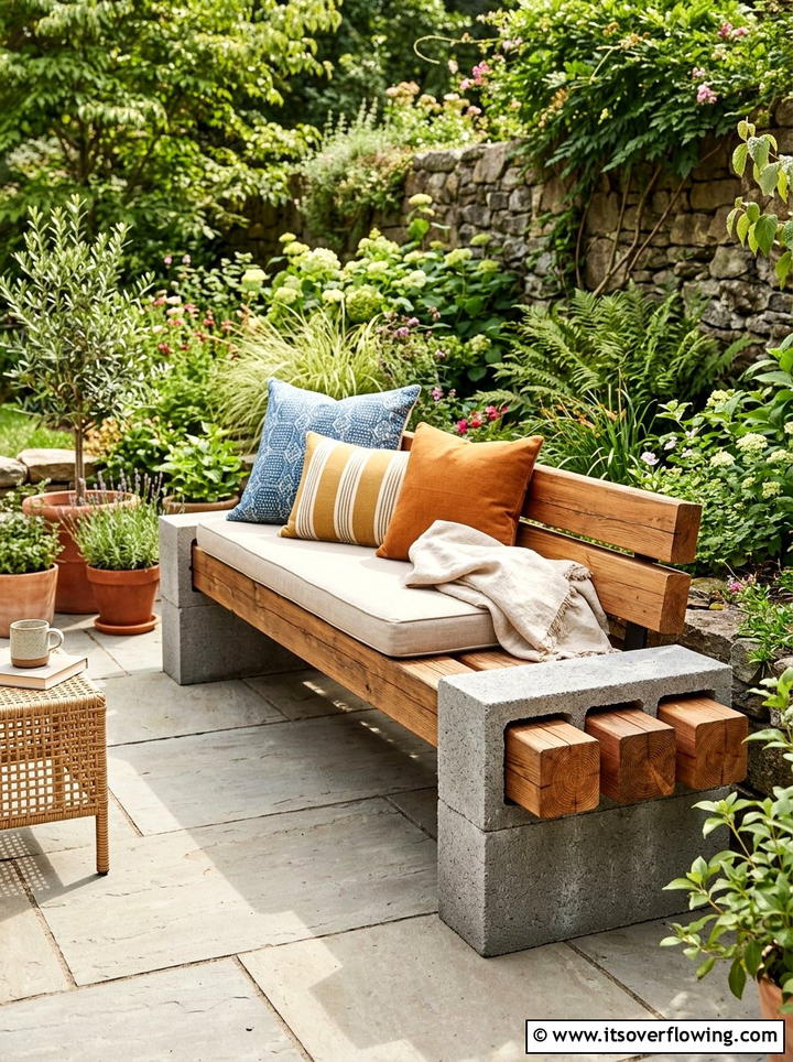 Outdoor Bench With Wood Beams - 25 cheap garden ideas with cinder blocks
