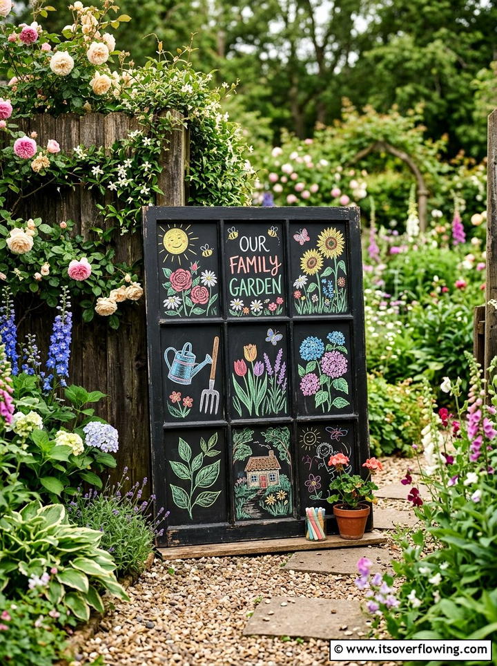 Outdoor Chalkboard Window - 25 upcycled garden ideas with old windows