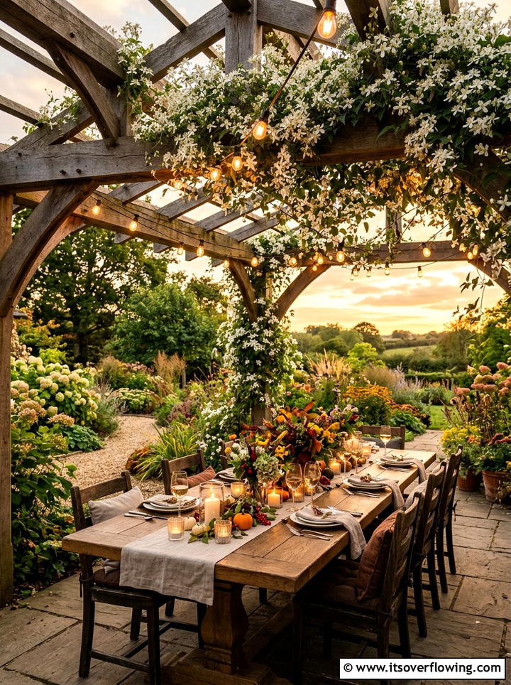 Outdoor Dining Pergola With Sweet Autumn Clematis - 25 garden design ideas with pergola and vines