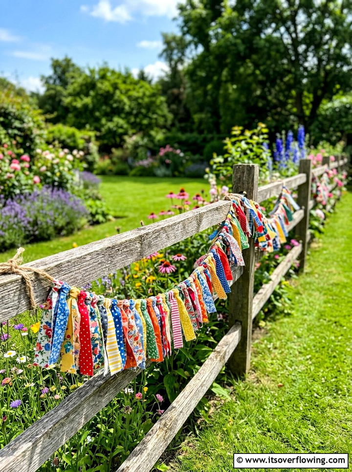 Outdoor Fabric Scrap Garland - 25 upcycled garden ideas with fabric scraps