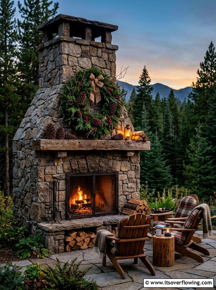 Outdoor Fireplace Wreath - 25 garden decor ideas with seasonal wreaths