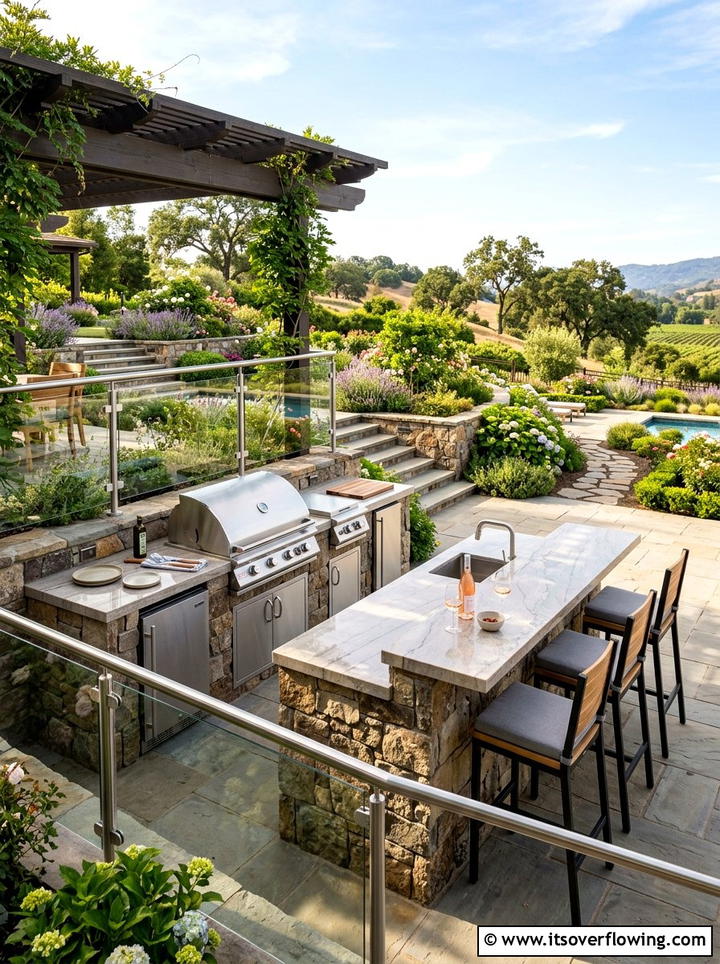 Outdoor Kitchen On Tier - 25 backyard ideas for sloped yards