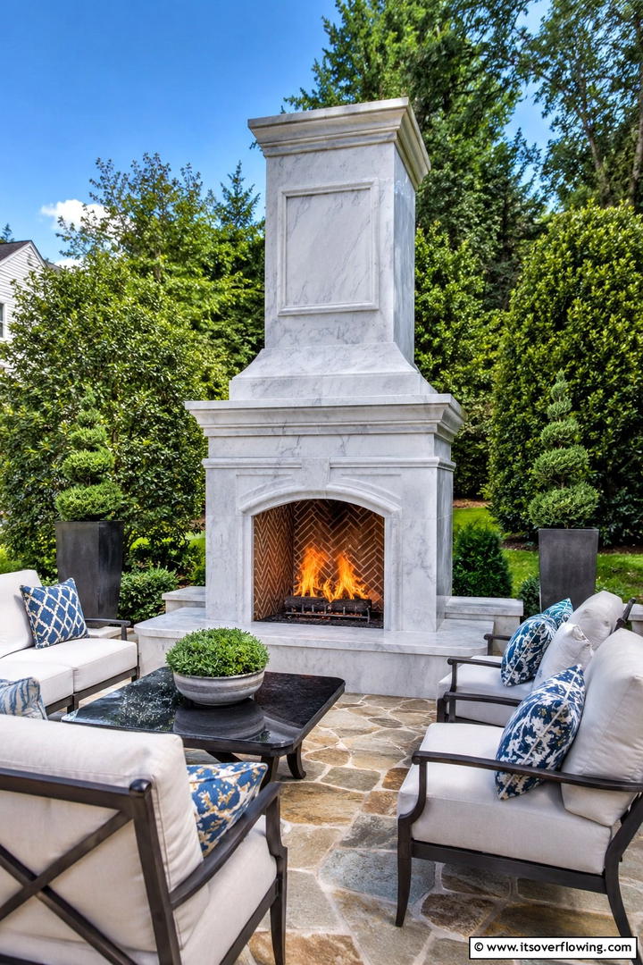 Outdoor Marble Fireplace Retreat - 25 Elegant Marble Fireplace Ideas for a Luxurious Look