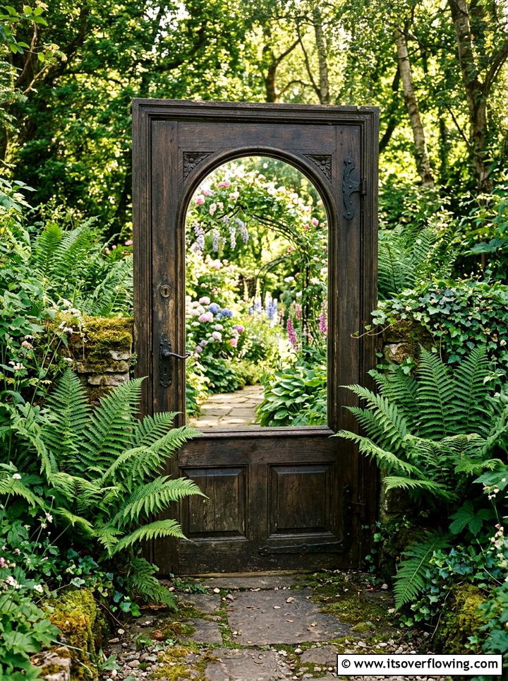 Outdoor Mirror On Vintage Door - 25 upcycled garden ideas with old doors