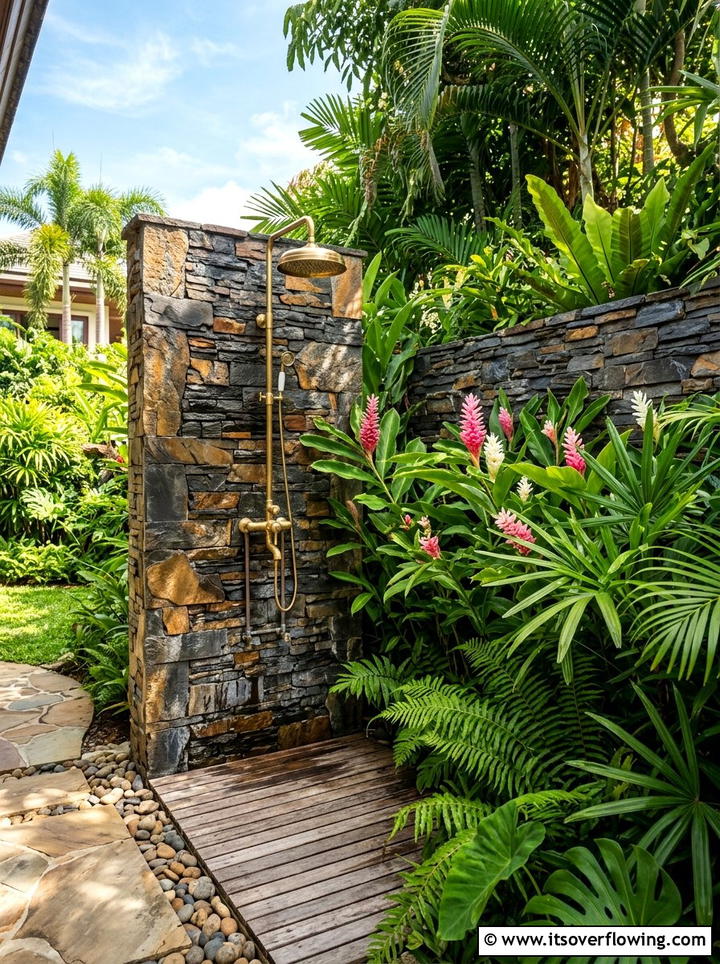 Outdoor Shower With Stone Wall - 25 garden ideas for tropical style