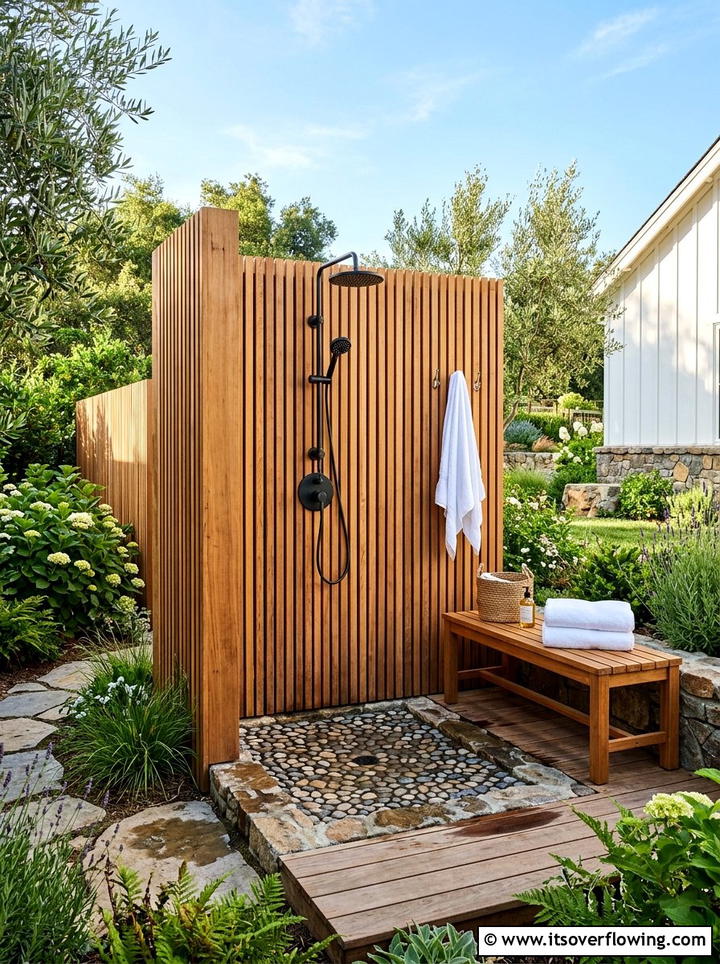 Outdoor Shower With Wood Slat - 25 backyard ideas with farmhouse style