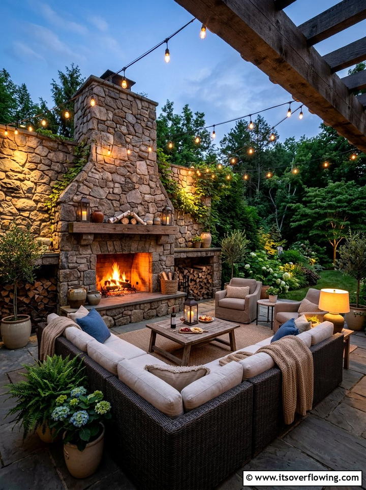 Outdoor Stone Fireplace - 25 backyard ideas for privacy