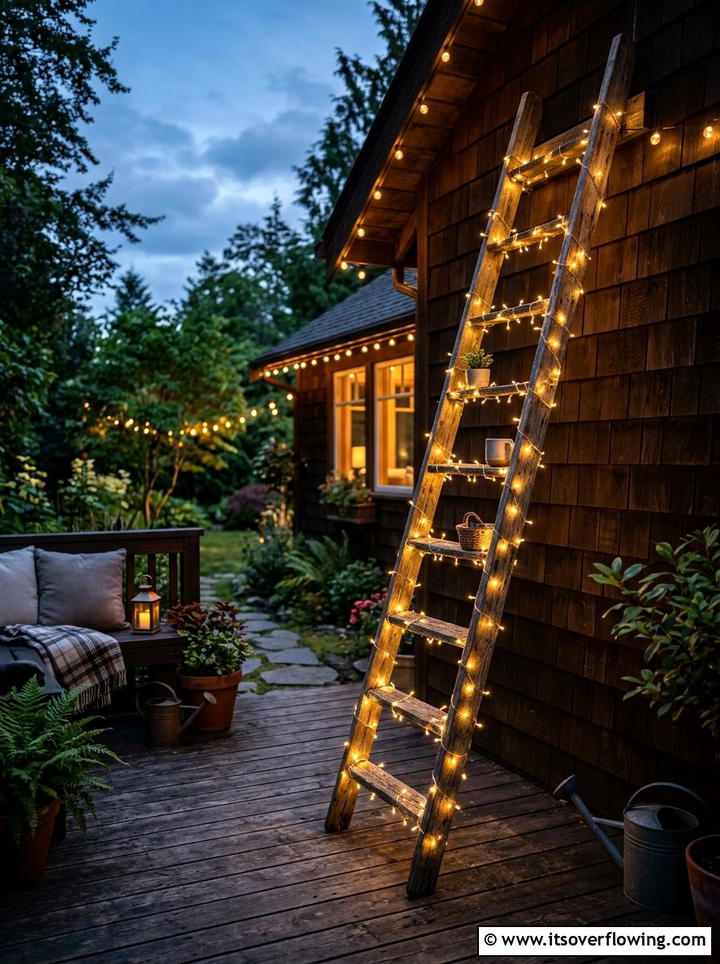 Outdoor String Light Ladder - 25 garden ideas with old ladders