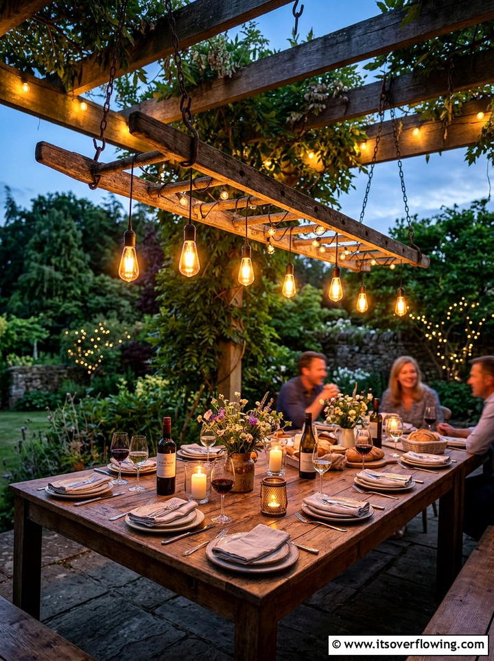 Outdoor String Lighting - 25 upcycled garden ideas with old ladders
