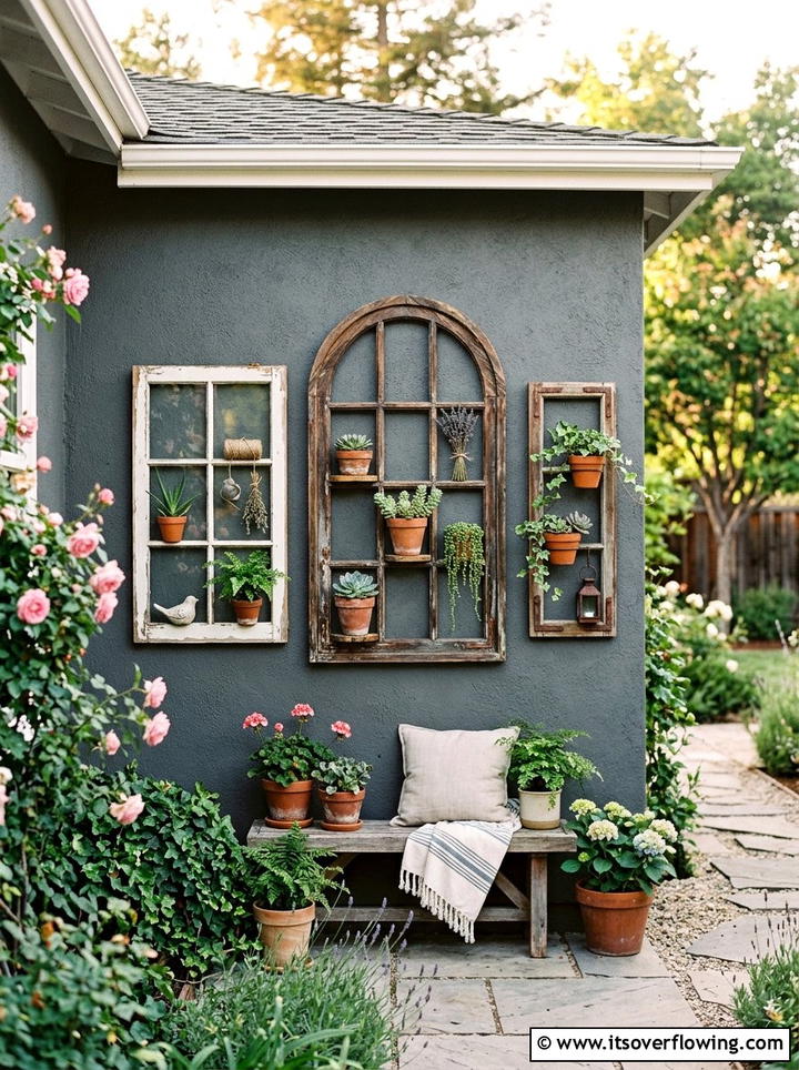 Outdoor Wall Decor Using Vintage Frames - 25 upcycled garden ideas with old windows