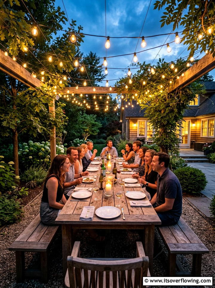 Outdoor dining area with long bench - 25 backyard ideas with benches