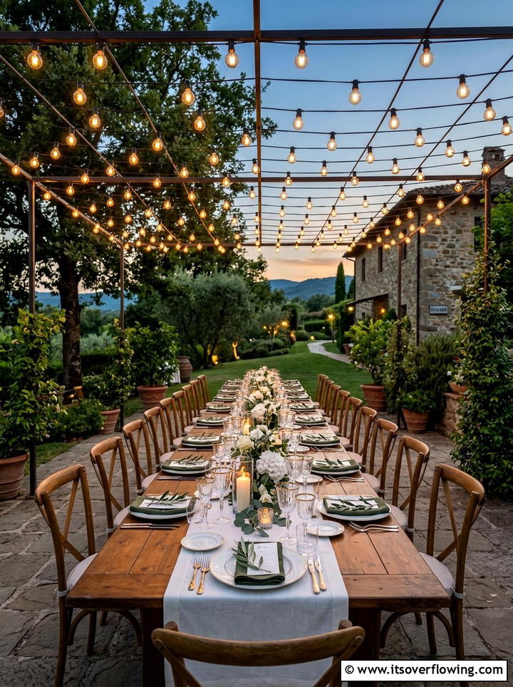 Outdoor dining bistro lights - 25 backyard decorating ideas with hanging lights