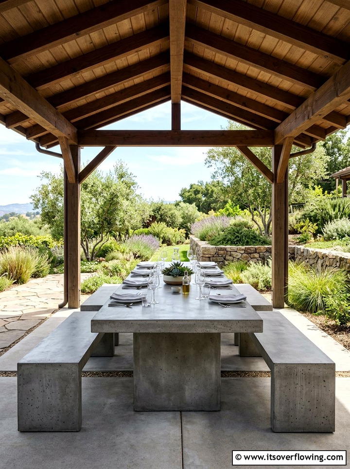 Outdoor dining concrete bench - 25 backyard ideas with concrete bench
