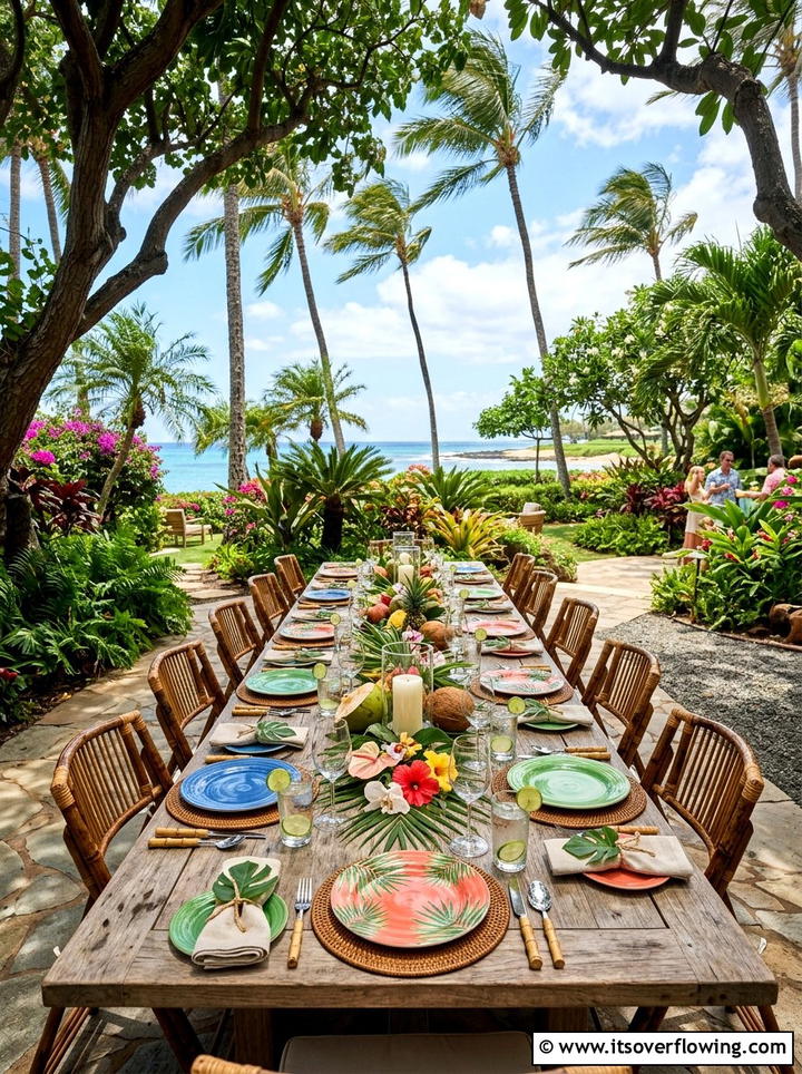 Outdoor dining table under trees - 25 backyard ideas with tropical retreat