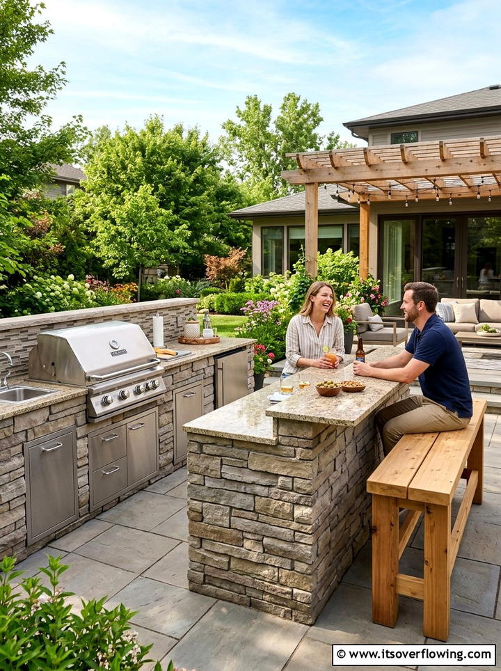 Outdoor kitchen with bar height bench - 25 backyard ideas with benches