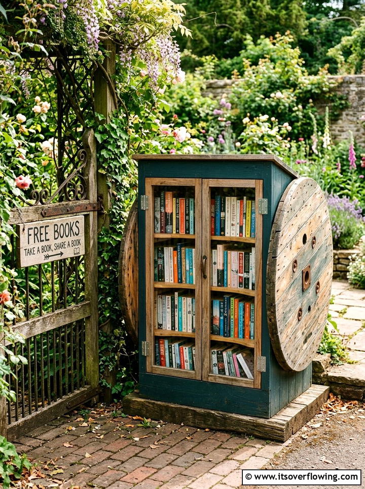 Outdoor library box - 25 recycled garden ideas with cable spools
