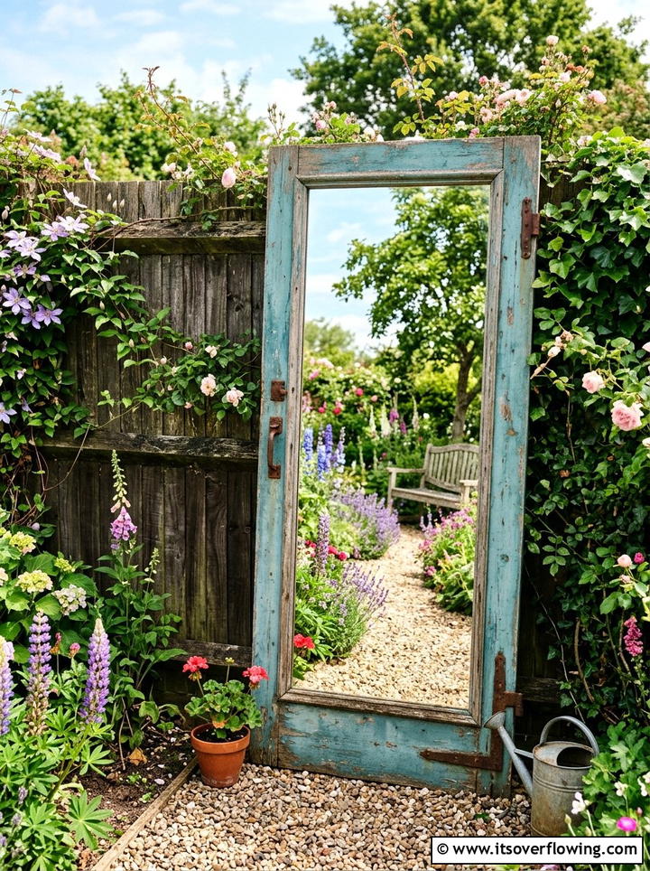 Outdoor mirror on old door - 25 garden decor ideas with old doors