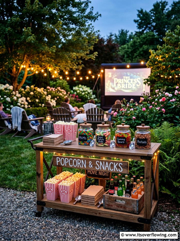 Outdoor movie snack station - 25 backyard ideas with outdoor movie setup