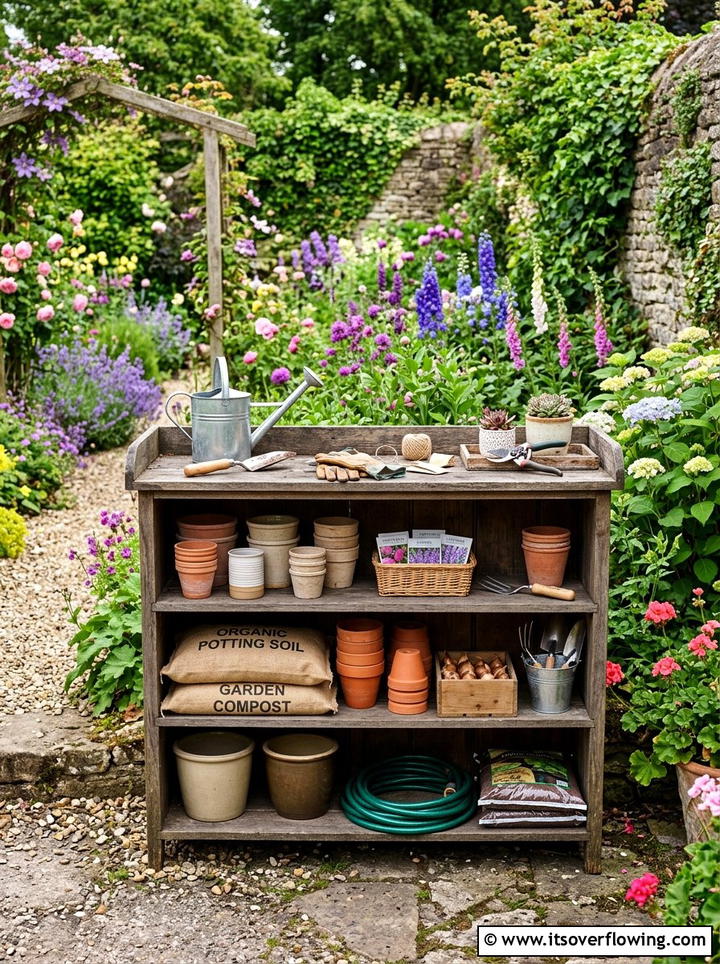 Outdoor potting bench - 25 recycled garden ideas with old shelves